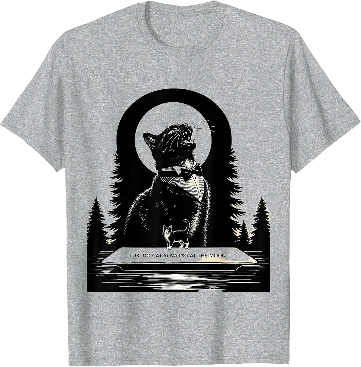 Men's Tuxedo Cat Yowling at the Moon 90's Retro Nature Art T-Shirt - Heather Grey