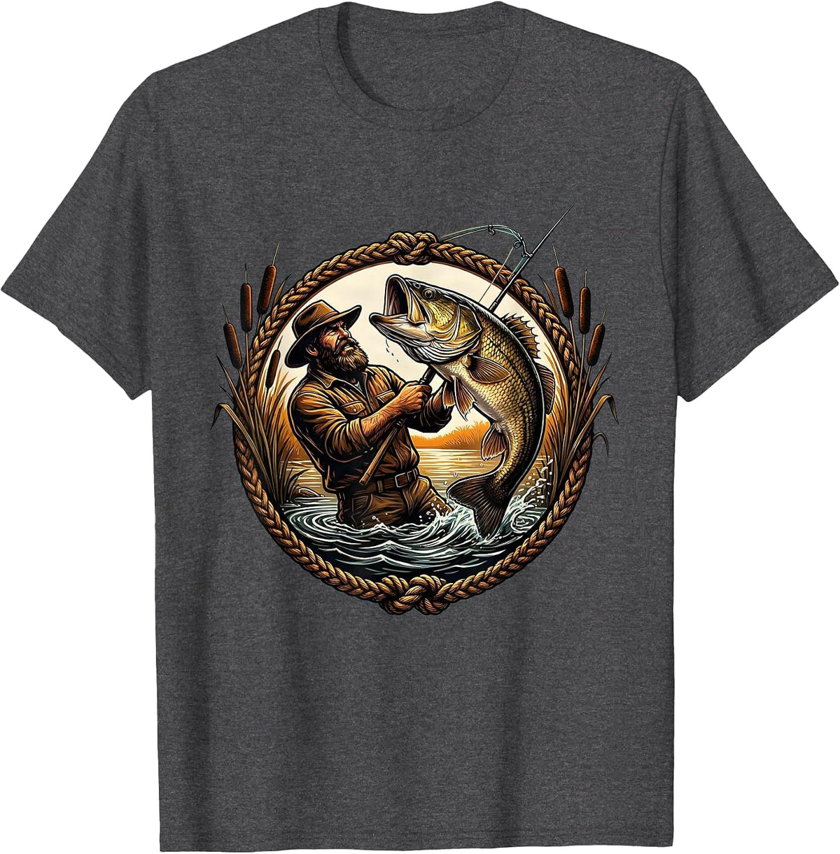 Bearded Fisherman Reeling In Giant Bass T-Shirt - Dark Heather Grey