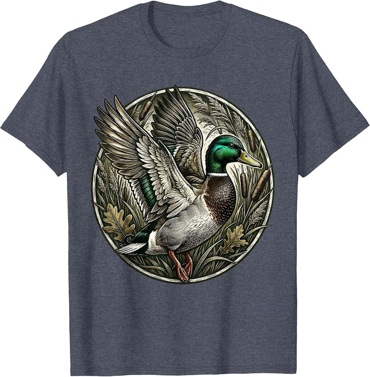 Mallard Duck Bursting Through Camo Foliage T-Shirt - Heather Blue