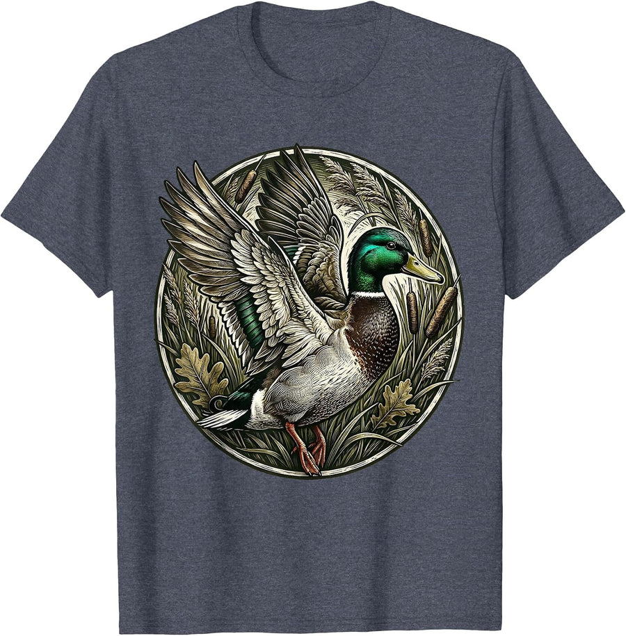 Mallard Duck Bursting Through Camo Foliage T-Shirt - Heather Blue