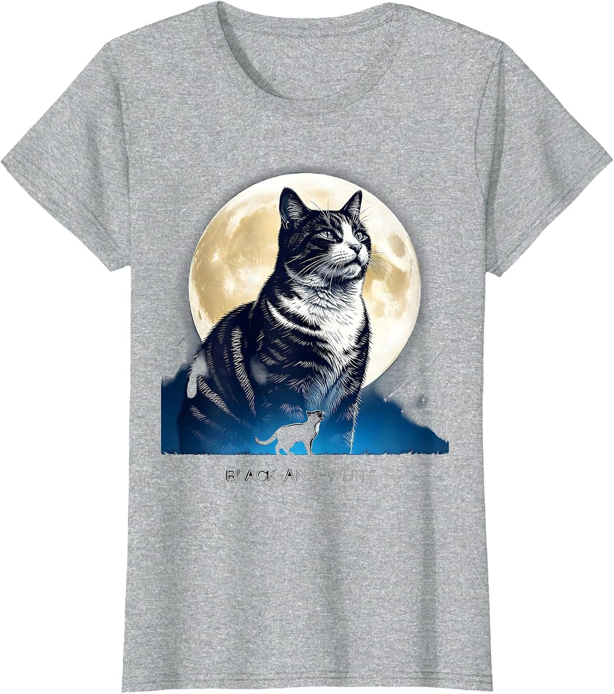 Women's Black-and-White Cosmic Tuxedo Cat Howling at Moon T-Shirt - Heather Grey