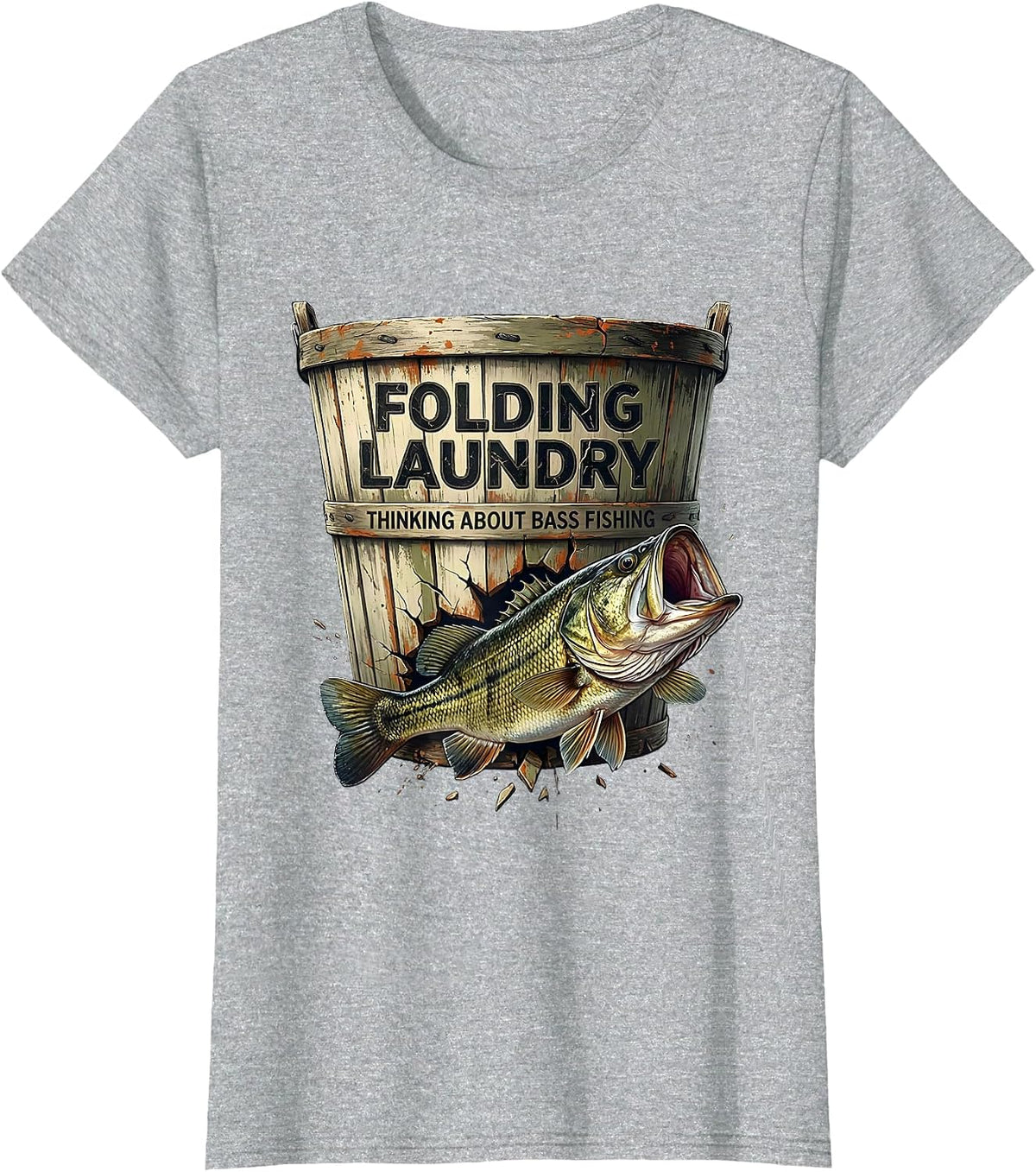 Women's Folding Laundry Thinking About Bass Fishing Funny Fishing T-Shirt - Heather Grey