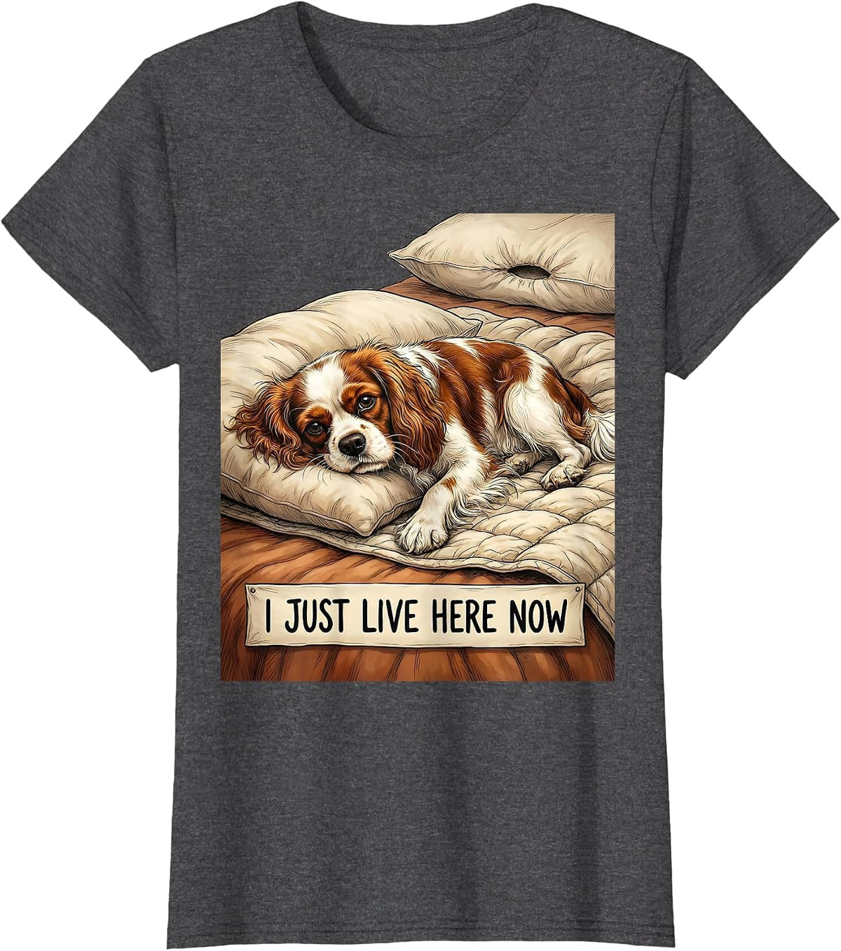 Women's I Just Live Here Now Cozy Cavalier King Charles Spaniel Dog T-Shirt - Dark Heather Grey