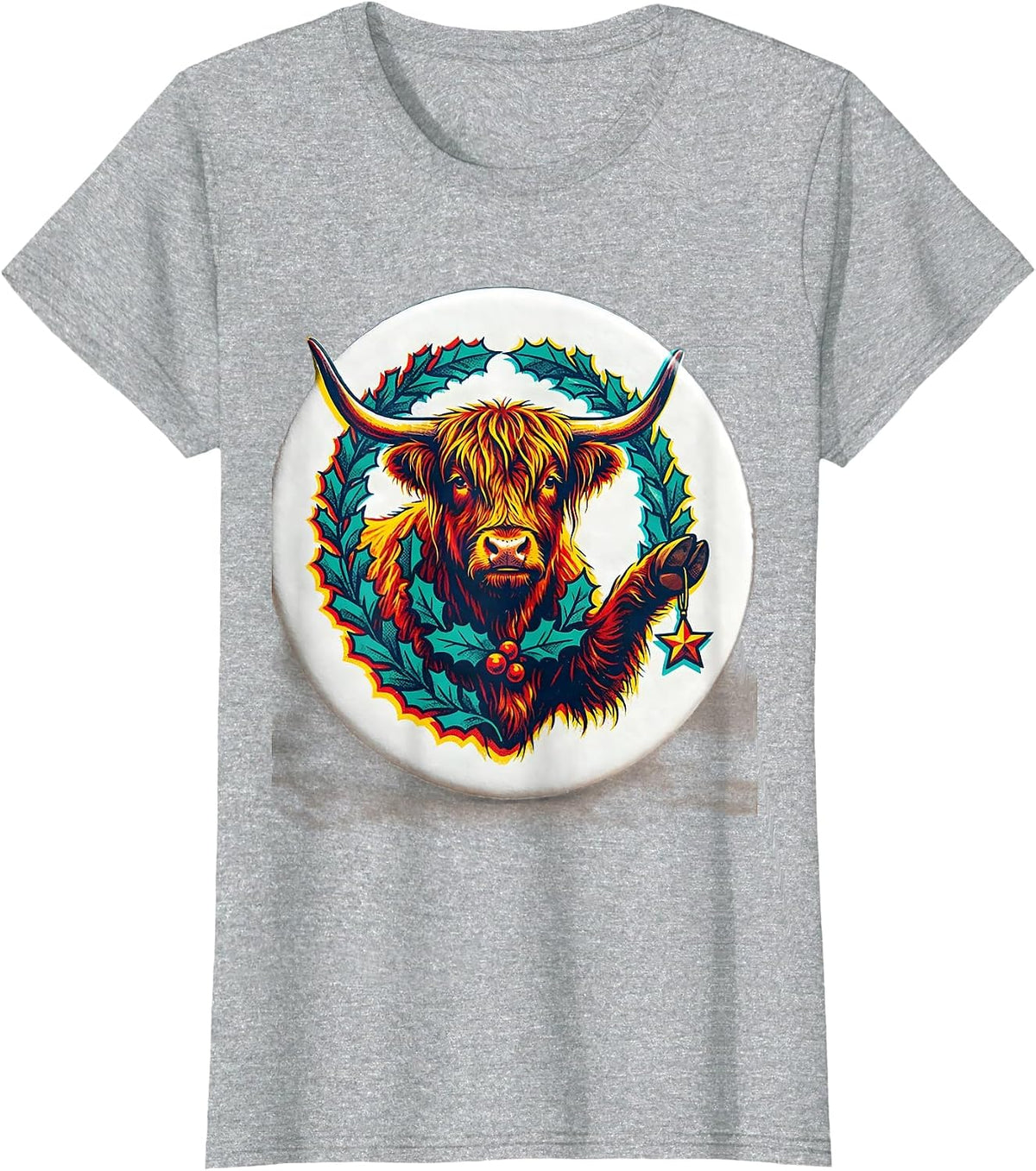 Women's Sealed Highland Cow Badge Risograph Whimsical Farm Humor T-Shirt - Heather Grey