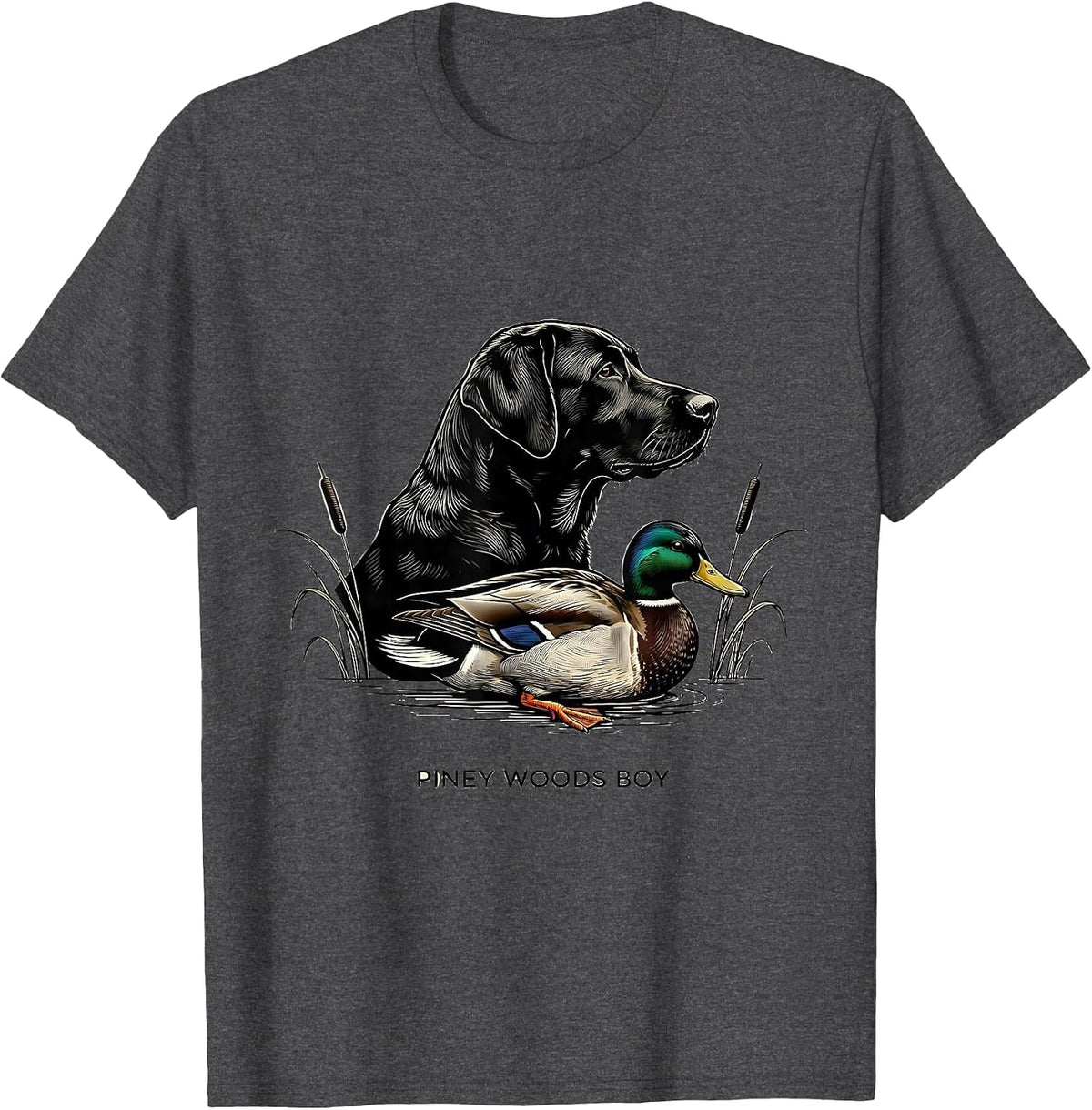 Piney Woods Boy Vintage Labrador Duck Hunting Marsh Scene T-Shirt - Dark Heather Grey