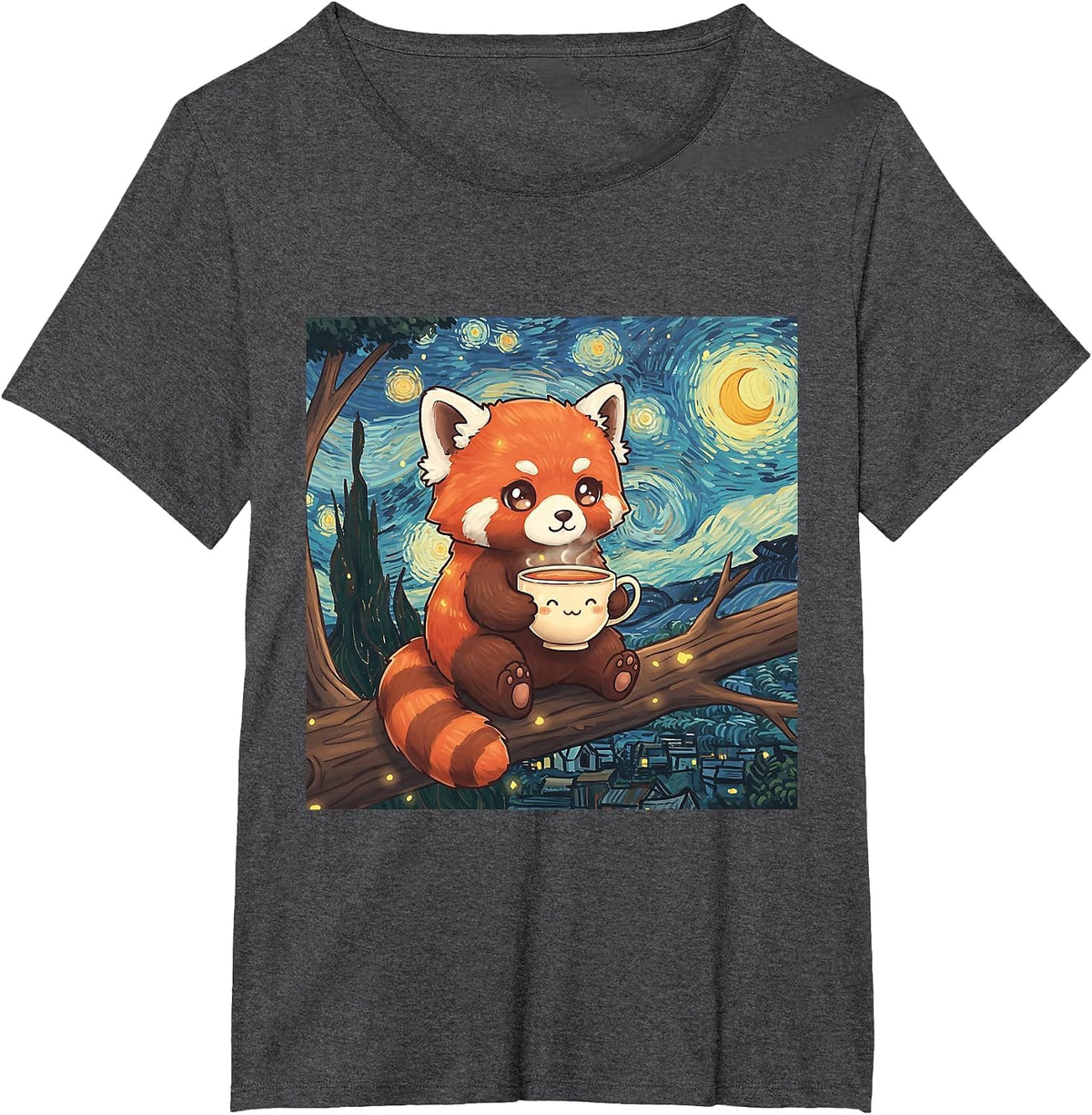 Fluffy Red Panda Holding Tea Cup Van Gogh Starry Night Art T-Shirt - Dark Heather Grey