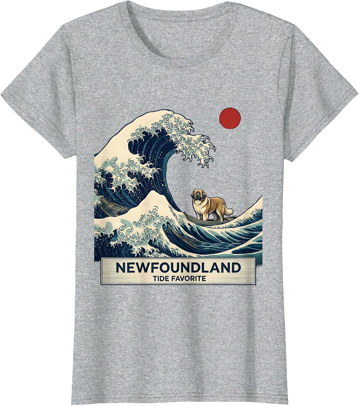 Newfoundland Tide Favorite Ukiyo-e Animal Surfing Breed T-Shirt - Heather Grey