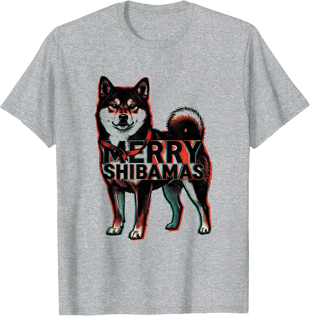 Men's Merry Shibamas Risograph Funny Shiba Inu Christmas Dog Lover T-Shirt - Heather Grey