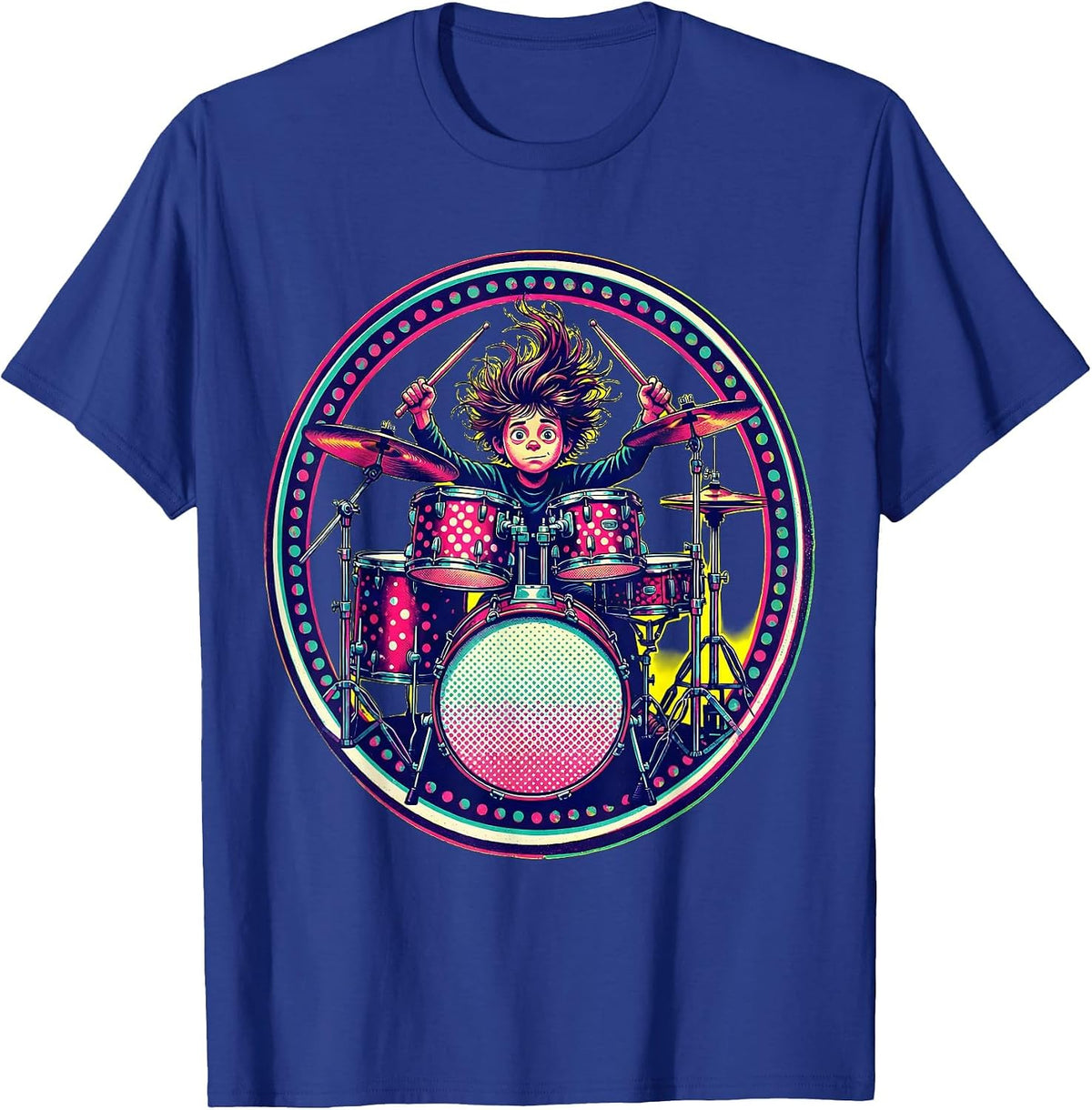 Polka Dot Drum Kit Kid Drummer Illustration T-Shirt - Royal Blue