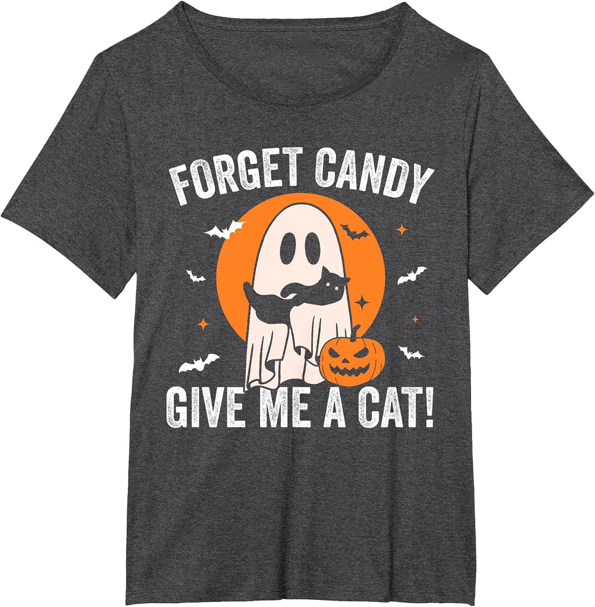 Forget Candy Give Me a Cat - Funny Black Cat Ghost Halloween T-Shirt - Dark Heather Grey