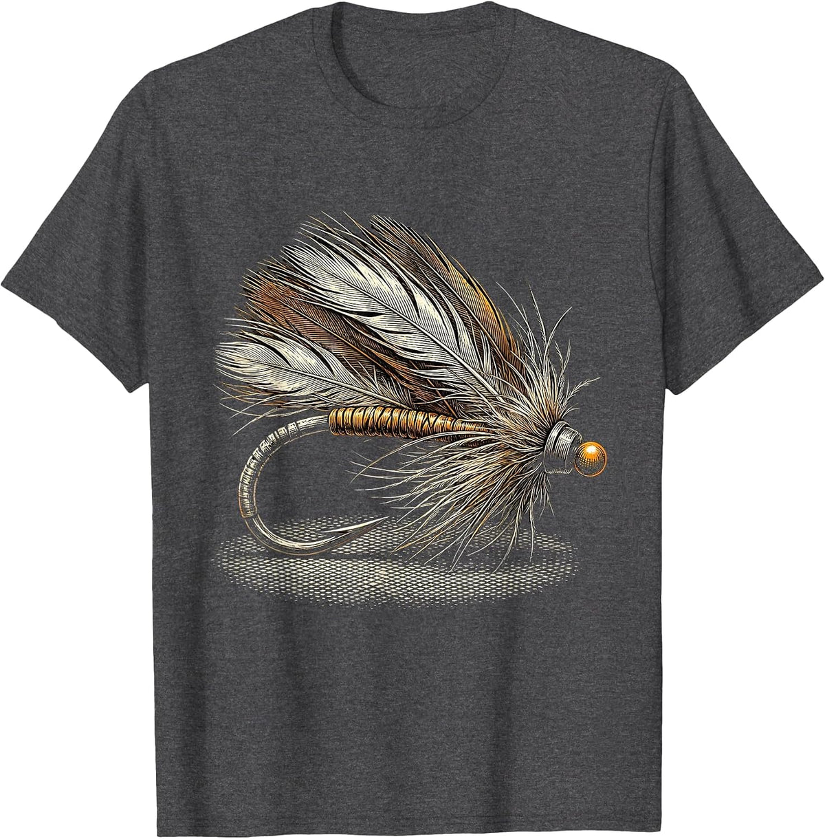 Fly Fishing Lure Feathered Hook Illustration T-Shirt - Dark Heather Grey