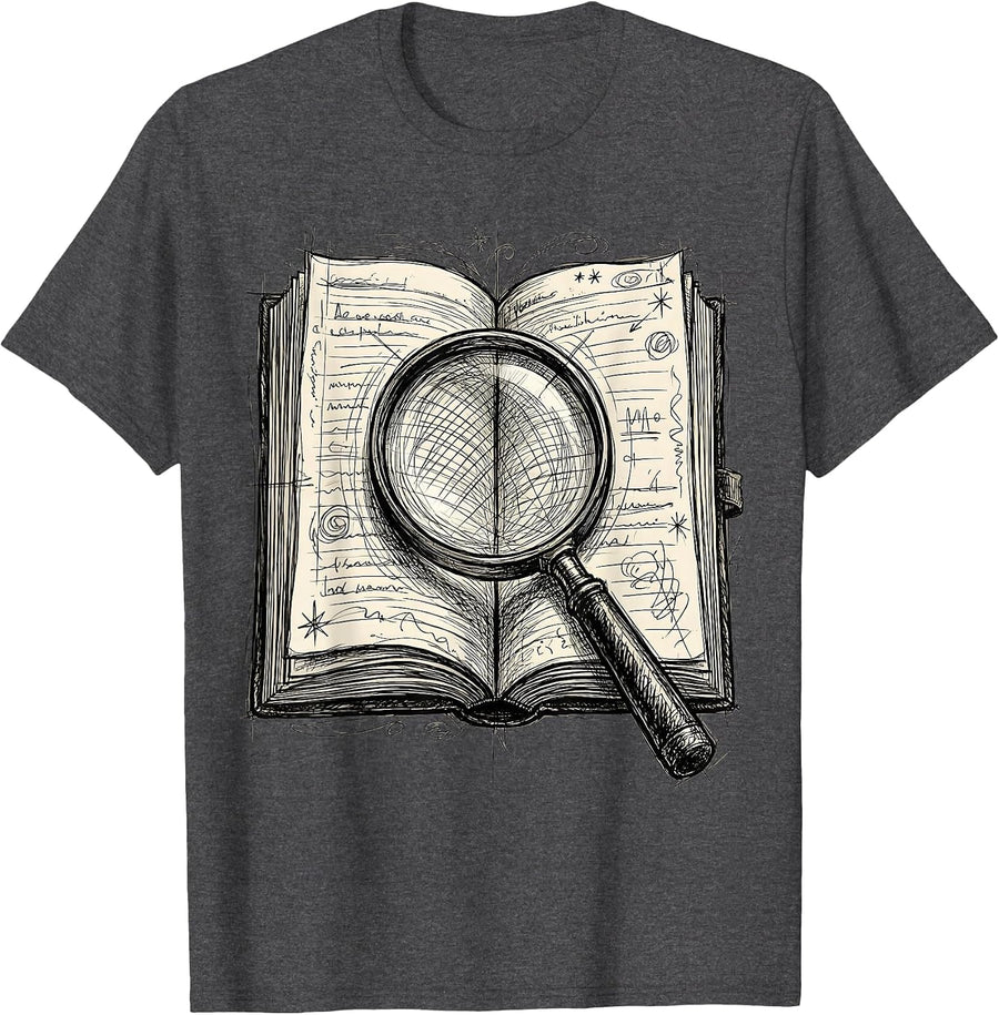 Men's English Teacher Open Book Magnifying Glass Design T-Shirt - Dark Heather Grey