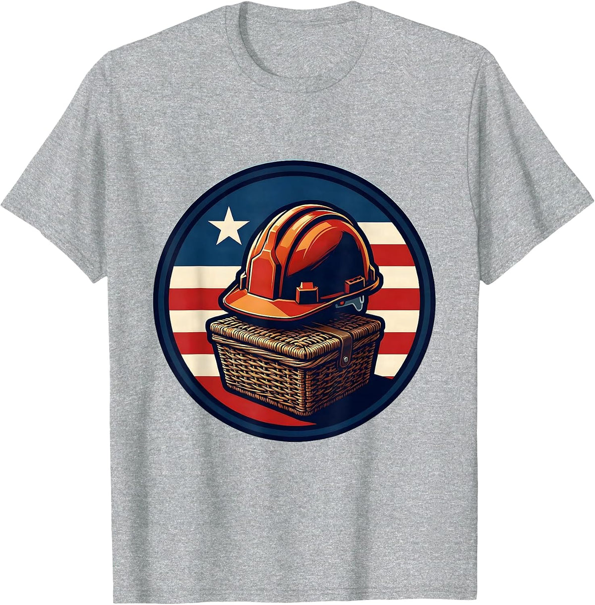 Men's Sealed Badge Hard Hat Picnic Basket Patriotic Labor Day T-Shirt - Heather Grey