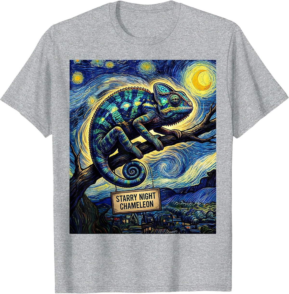 Men's Starry Night Chameleon Comic Book Van Gogh Art Lover T-Shirt - Heather Grey