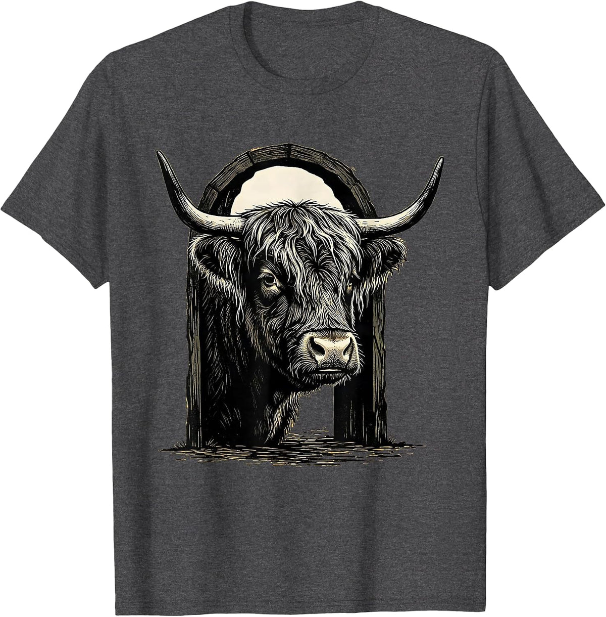 Highland Cow Woodcut Farm Animal Humor T-Shirt - Dark Heather Grey