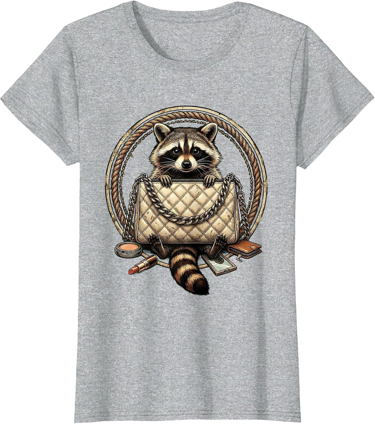 Women's Raccoon Digging Through Designer Purse Funny T-Shirt - Heather Grey