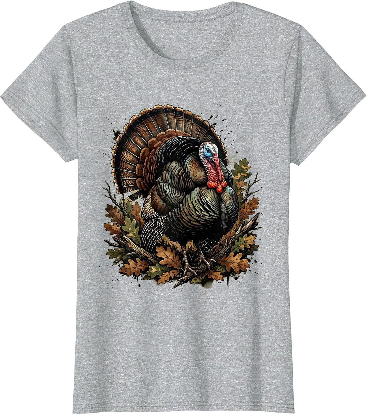 Women's Turkey Strutting Camo Fall Foliage Hunting Design T-Shirt - Heather Grey