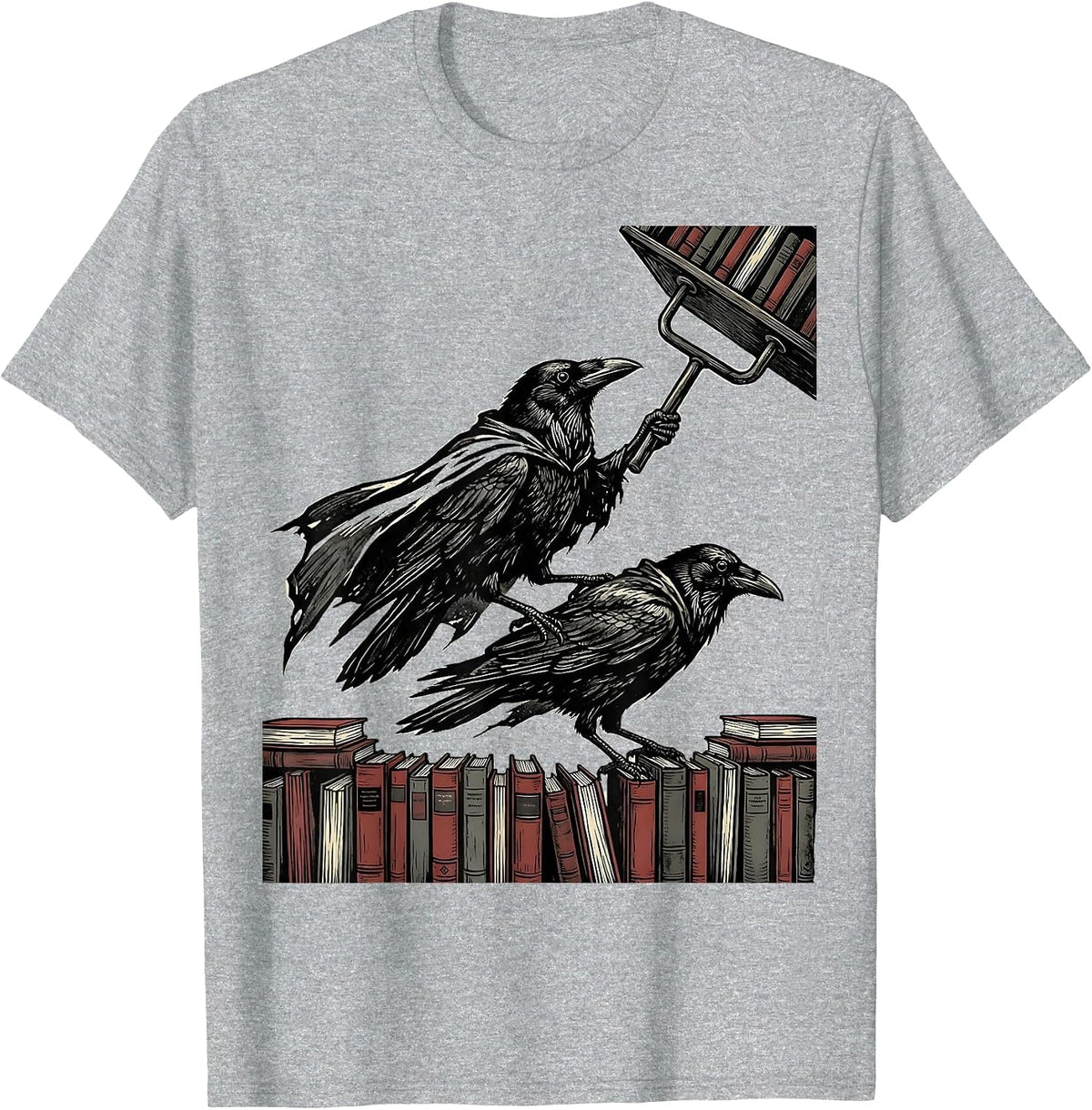 Men's Caped Crows Linocut Teacher Back-To-School Humor T-Shirt - Heather Grey