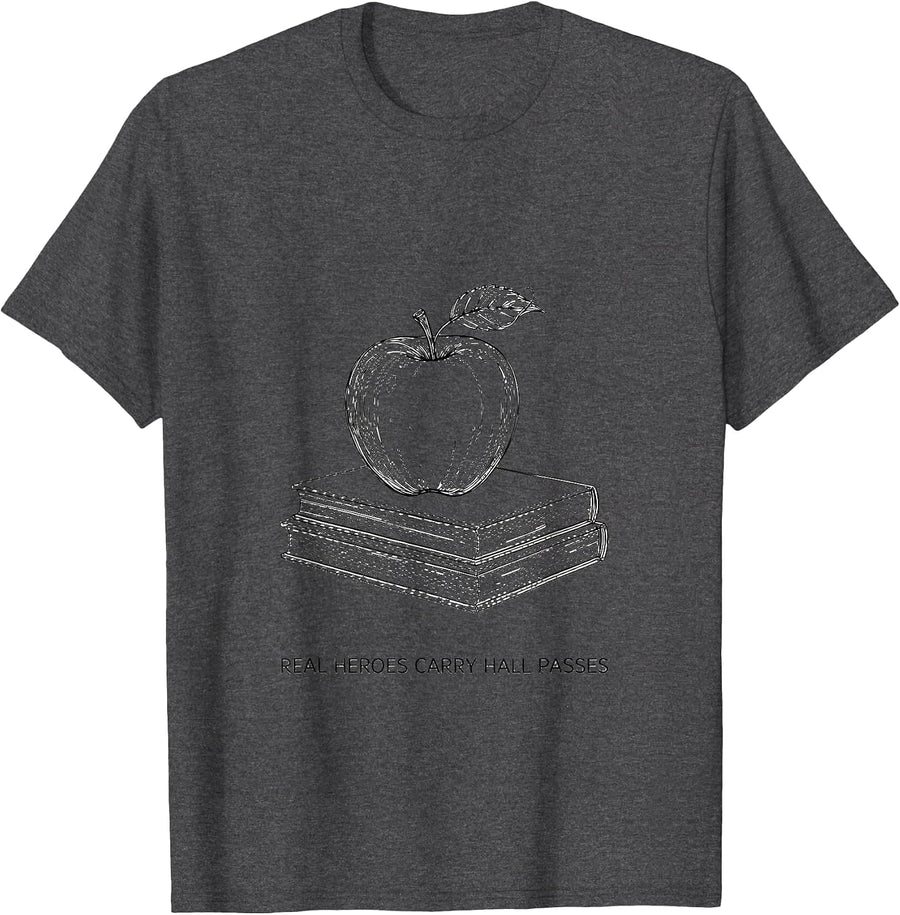 Men's Real Heroes Carry Hall Passes Teacher Design T-Shirt - Dark Heather Grey