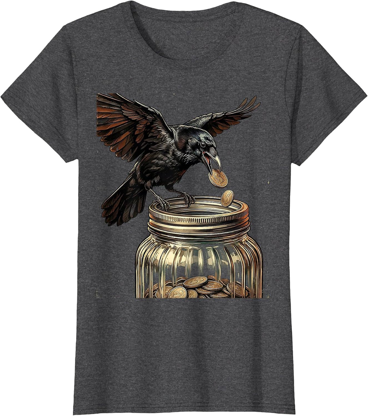 Women's Crow Dropping Coin Into Mason Jar Illustration T-Shirt - Dark Heather Grey