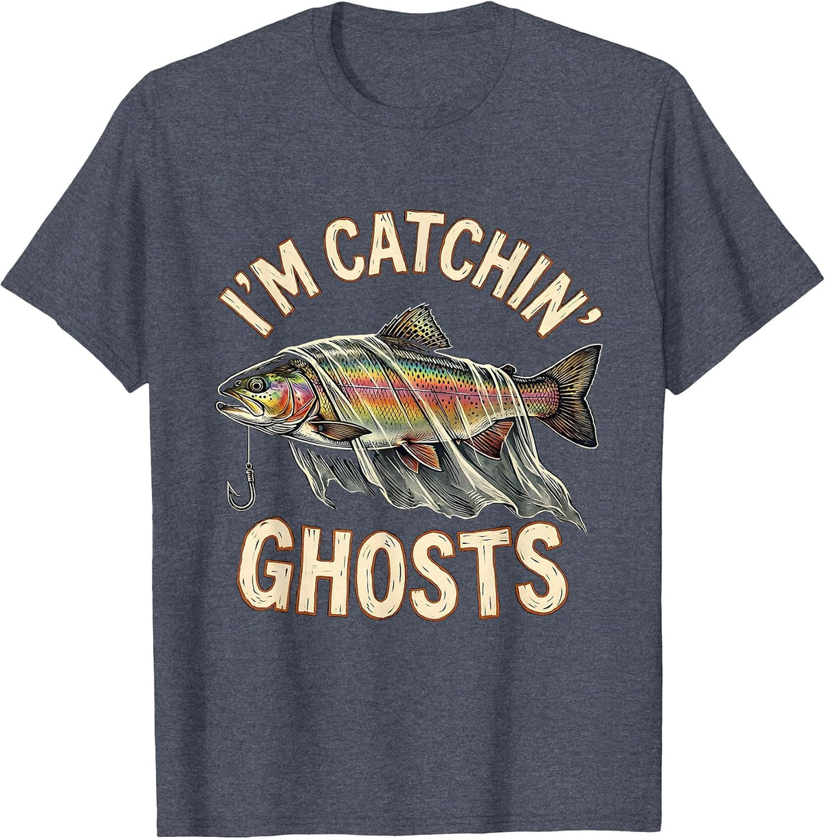 I'm Catchin' Ghosts Linocut Halloween Fishing Ghost Dad T-Shirt - Heather Blue
