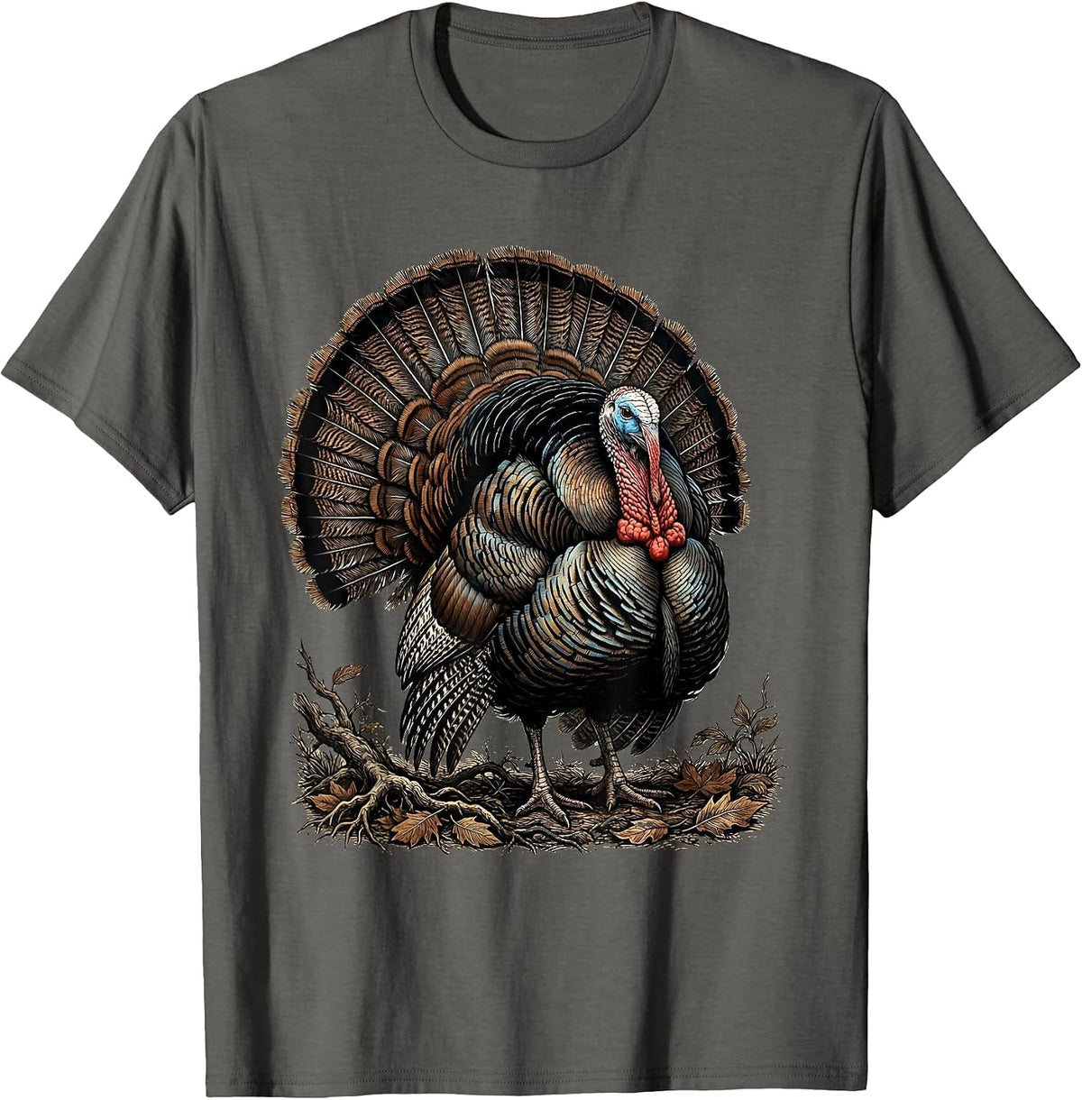 Men's Wild Turkey Fanning Feathers Forest Hunting Design T-Shirt - Asphalt Grey