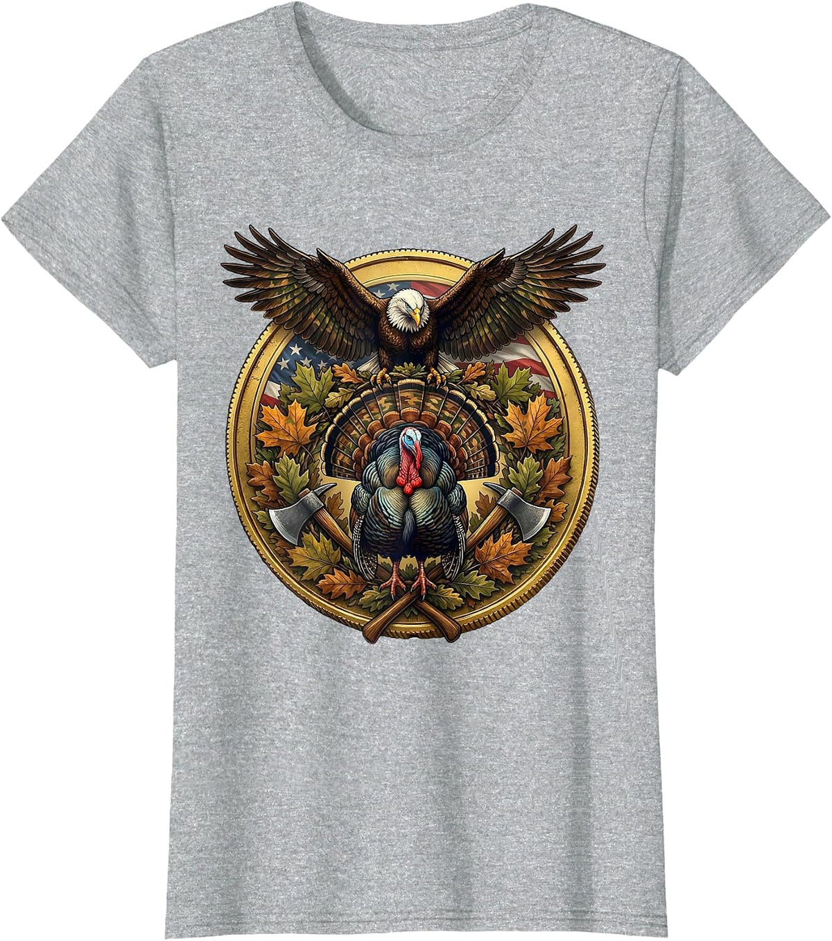 Women's Turkey Strutting Camo Leaf Scatter Hunting Design T-Shirt - Heather Grey