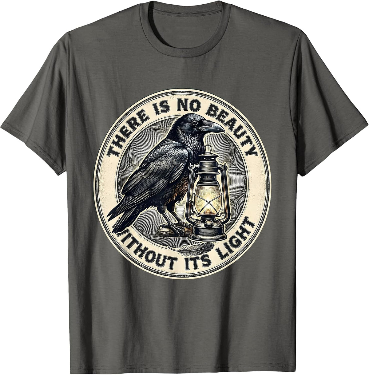 Men's There Is No Beauty Without Its Light Gothic Literary Raven T-Shirt - Asphalt Grey
