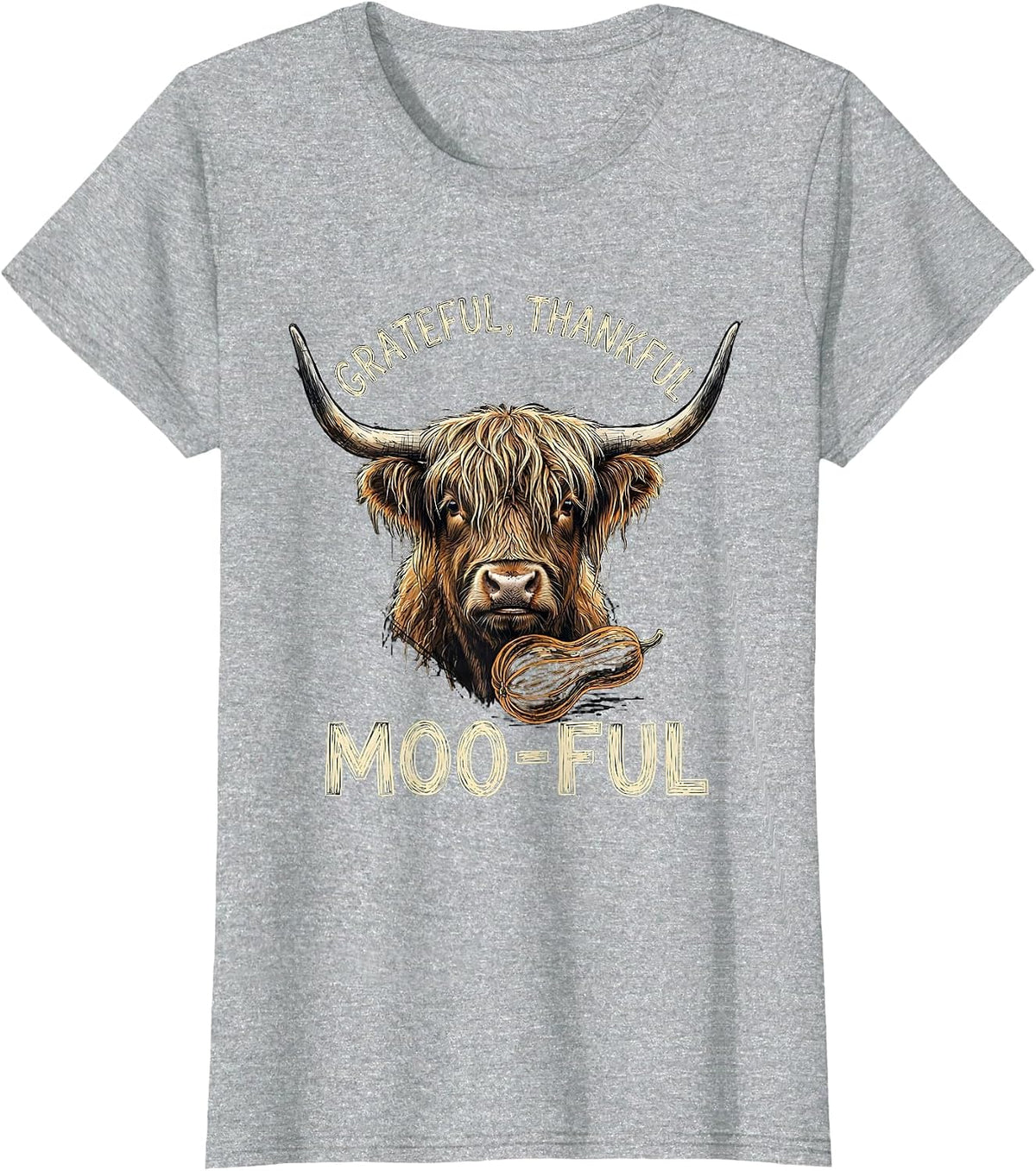 Grateful, Thankful, Moo-ful Funny Highland Cow Farm Animal T-Shirt - Heather Grey