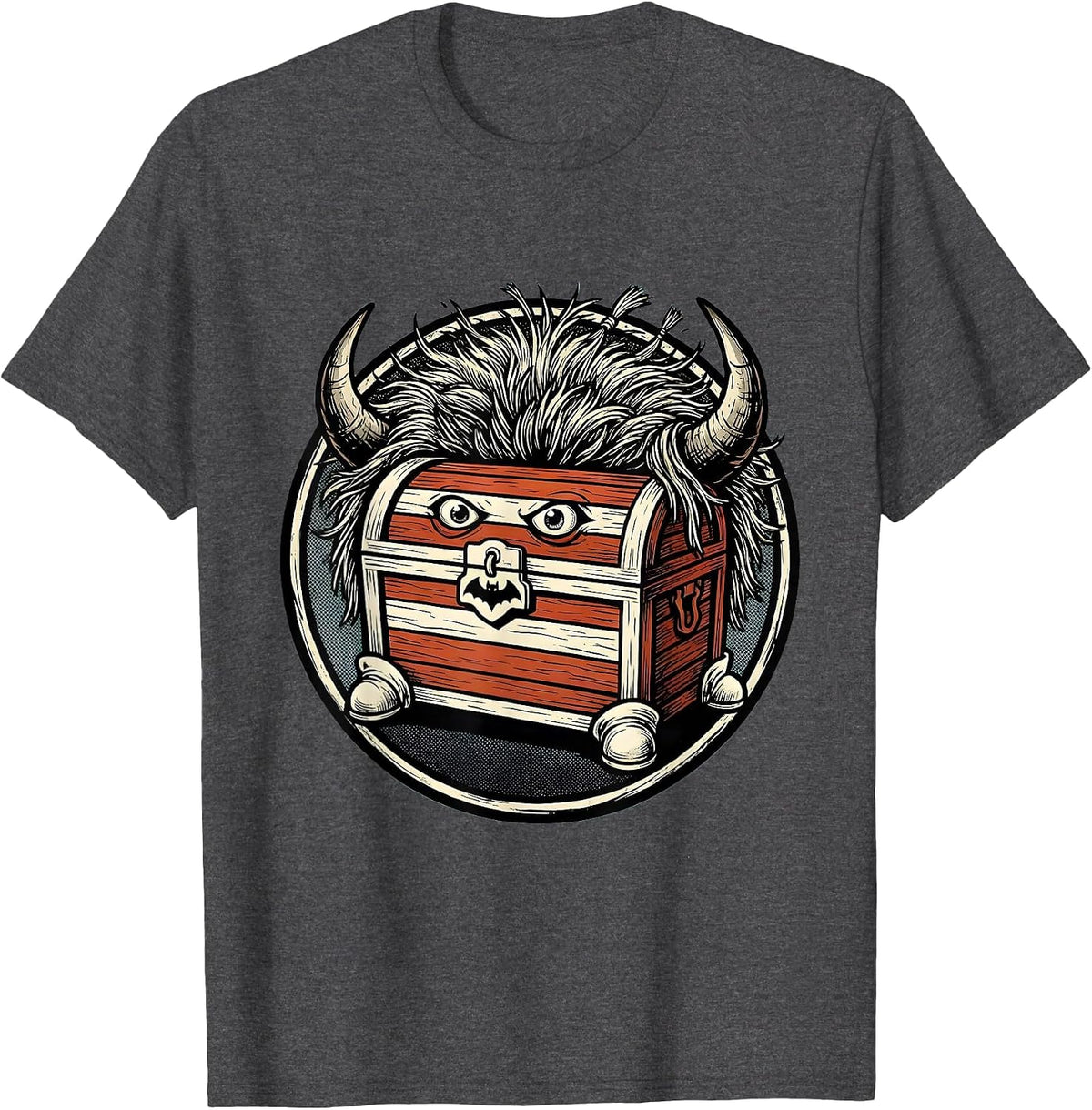 Men's Highland Cow Haunted Treasure Retro Cartoon Halloween T-Shirt - Dark Heather Grey