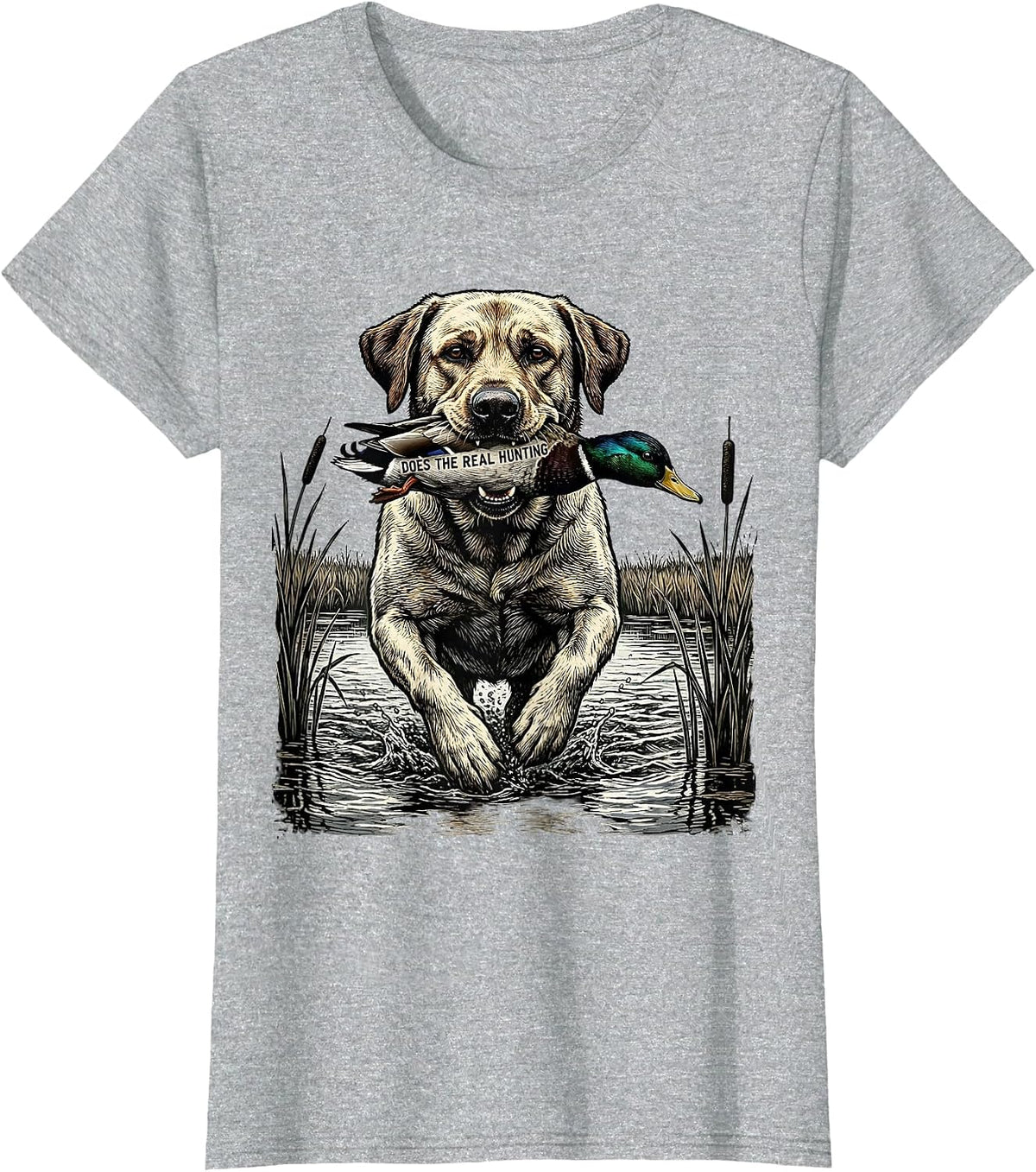 Does The Real Hunting Woodcut Labrador Retriever Duck T-Shirt - Heather Grey