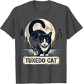 Men's Tuxedo Cat Linocut 90s Retro Moonlit Portrait T-Shirt - Dark Heather Grey