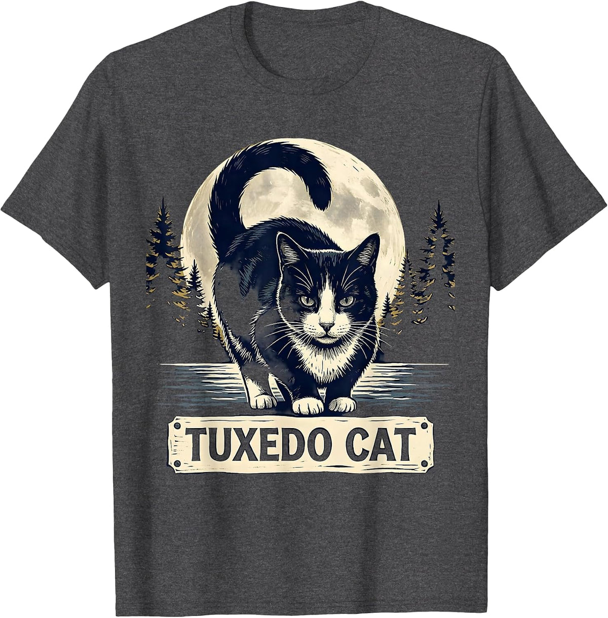 Men's Tuxedo Cat Linocut 90s Retro Moonlit Portrait T-Shirt - Dark Heather Grey