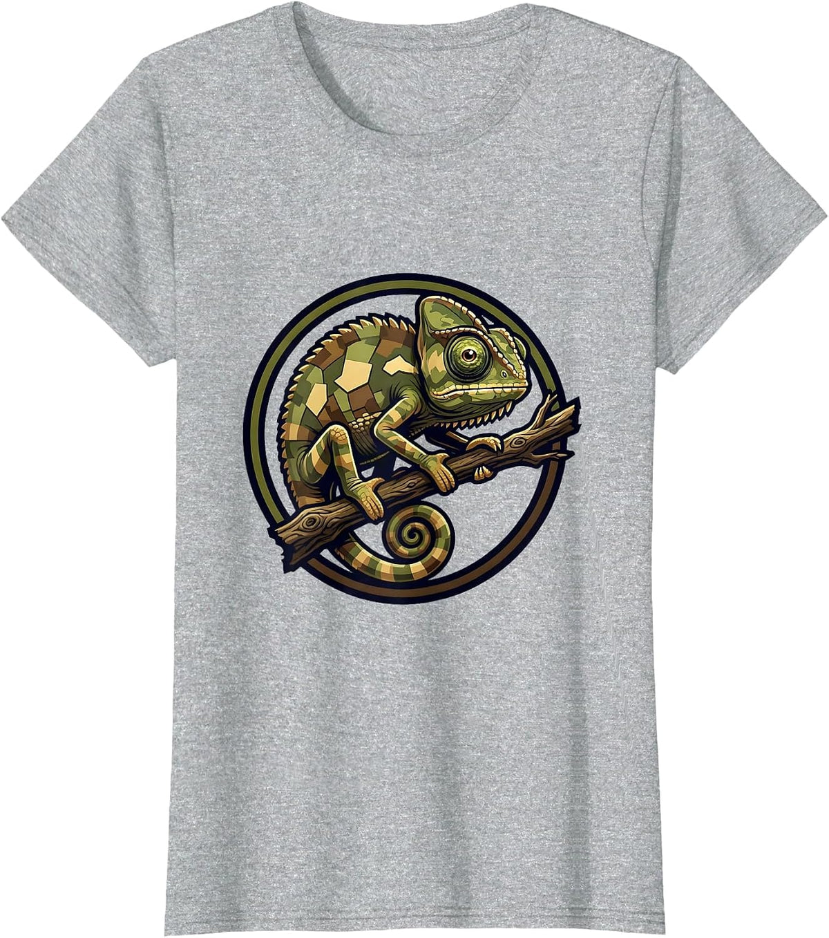 Camouflaged Chameleon on Tree Branch Camo Art T-Shirt - Heather Grey