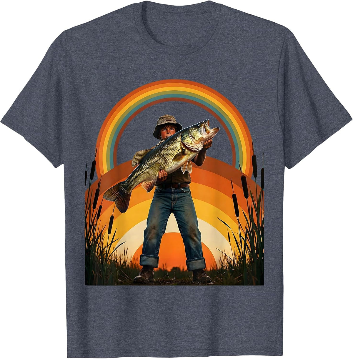 Young Angler Holding Giant Trophy Bass Fishing T-Shirt - Heather Blue