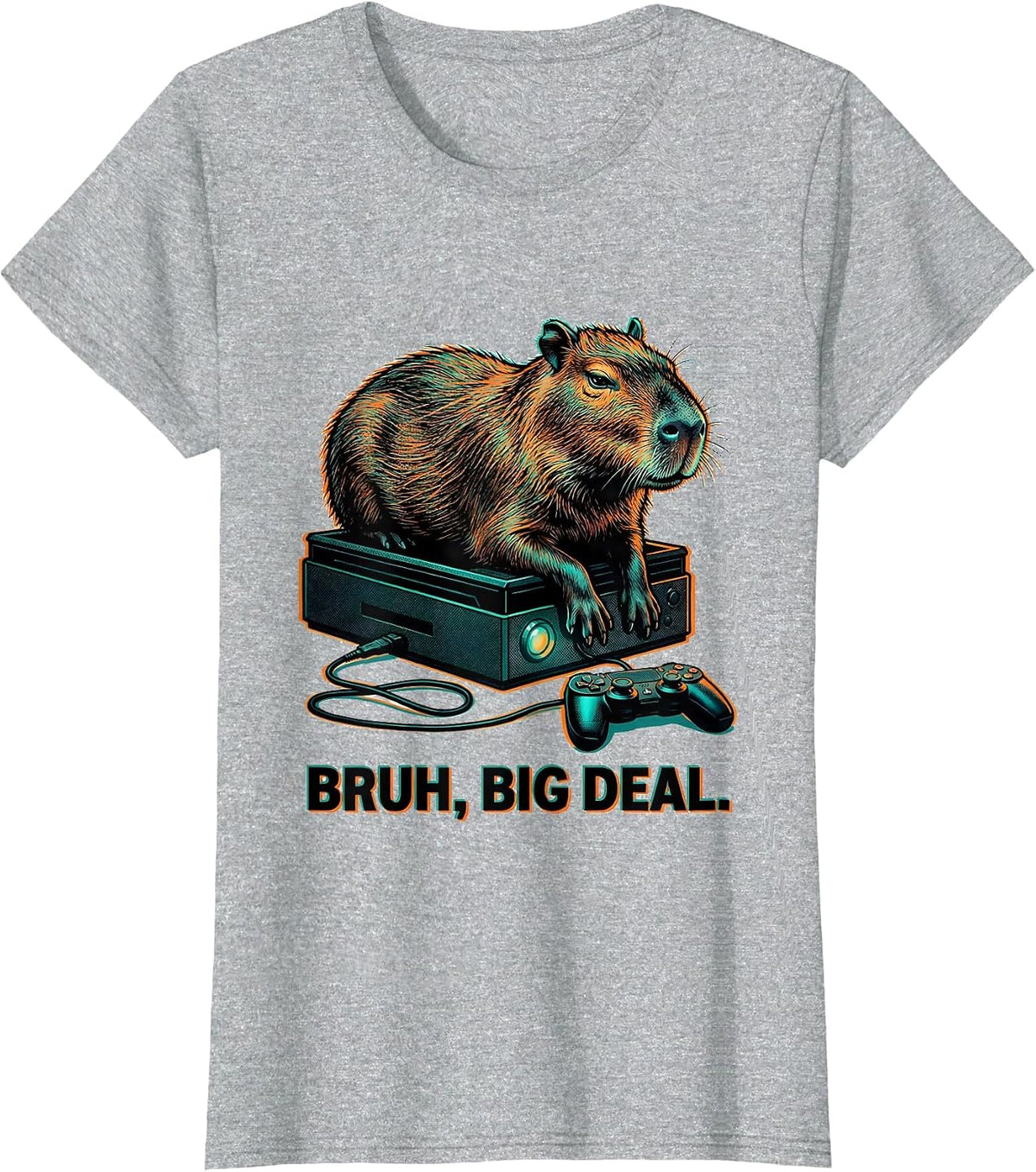 Women's Bruh Big Deal Risograph Capybara Gamer Meme Humor T-Shirt - Heather Grey