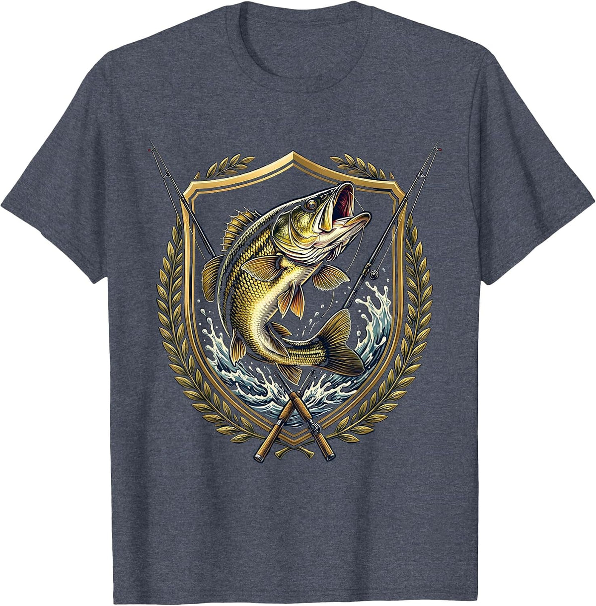 Largemouth Bass Leaping Fishing Graphic T-Shirt - Heather Blue