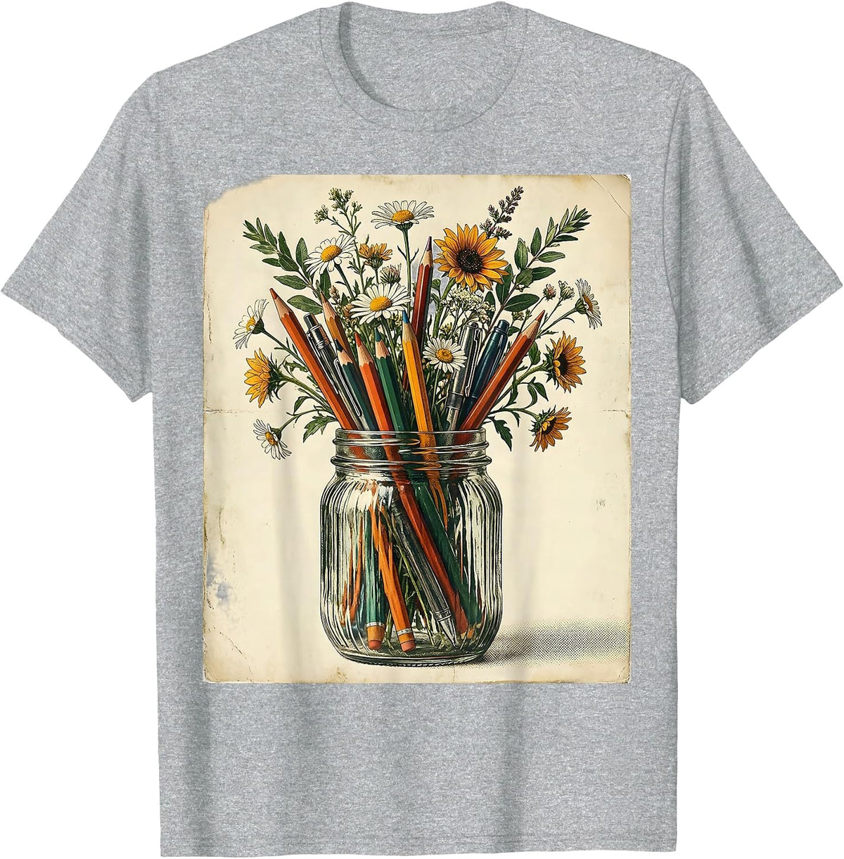 Men's Elementary Teacher Mason Jar Pens Flowers Graphic T-Shirt - Heather Grey