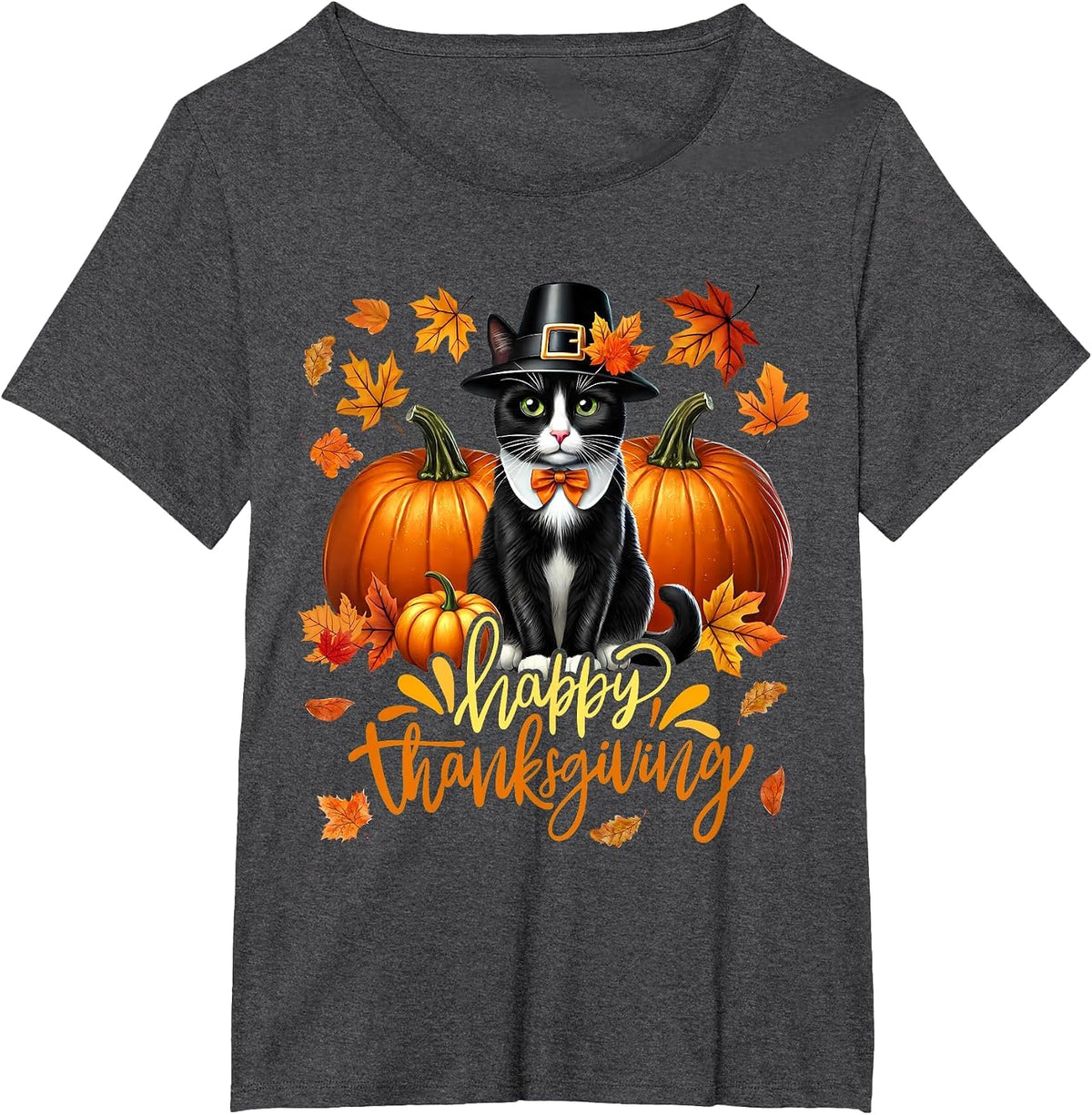 Cool Thanksgiving Cat Turkey Pilgrim Hat Pumpkin Tuxedo Cat T-Shirt - Dark Heather Grey