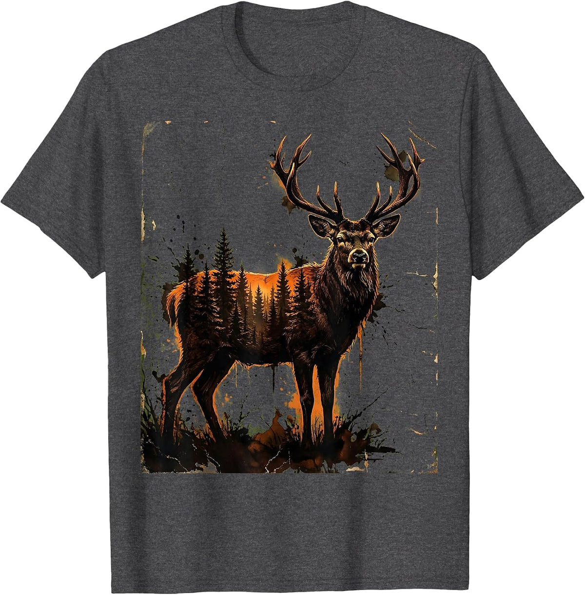 Buck Deer Silhouette Misty Forest Hunting Design T-Shirt - Dark Heather Grey
