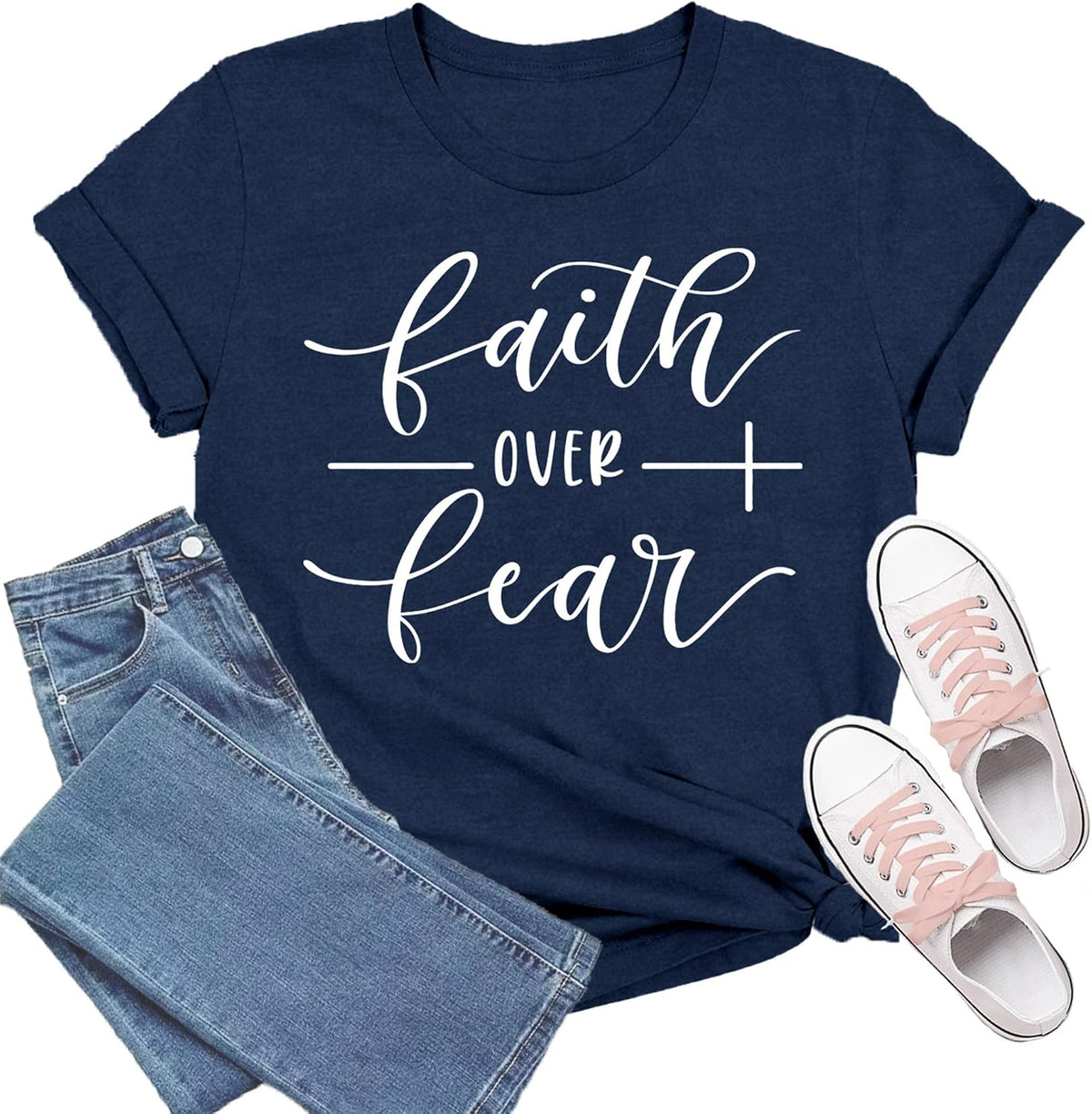Christian Shirts for Women Religious Shirt Faith Over Fear Tee Tops - Blue