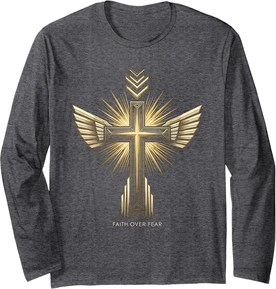 Faith Over Fear Inspirational Christian Design Long Sleeve T-Shirt - Adult Unisex Dark Heather Grey