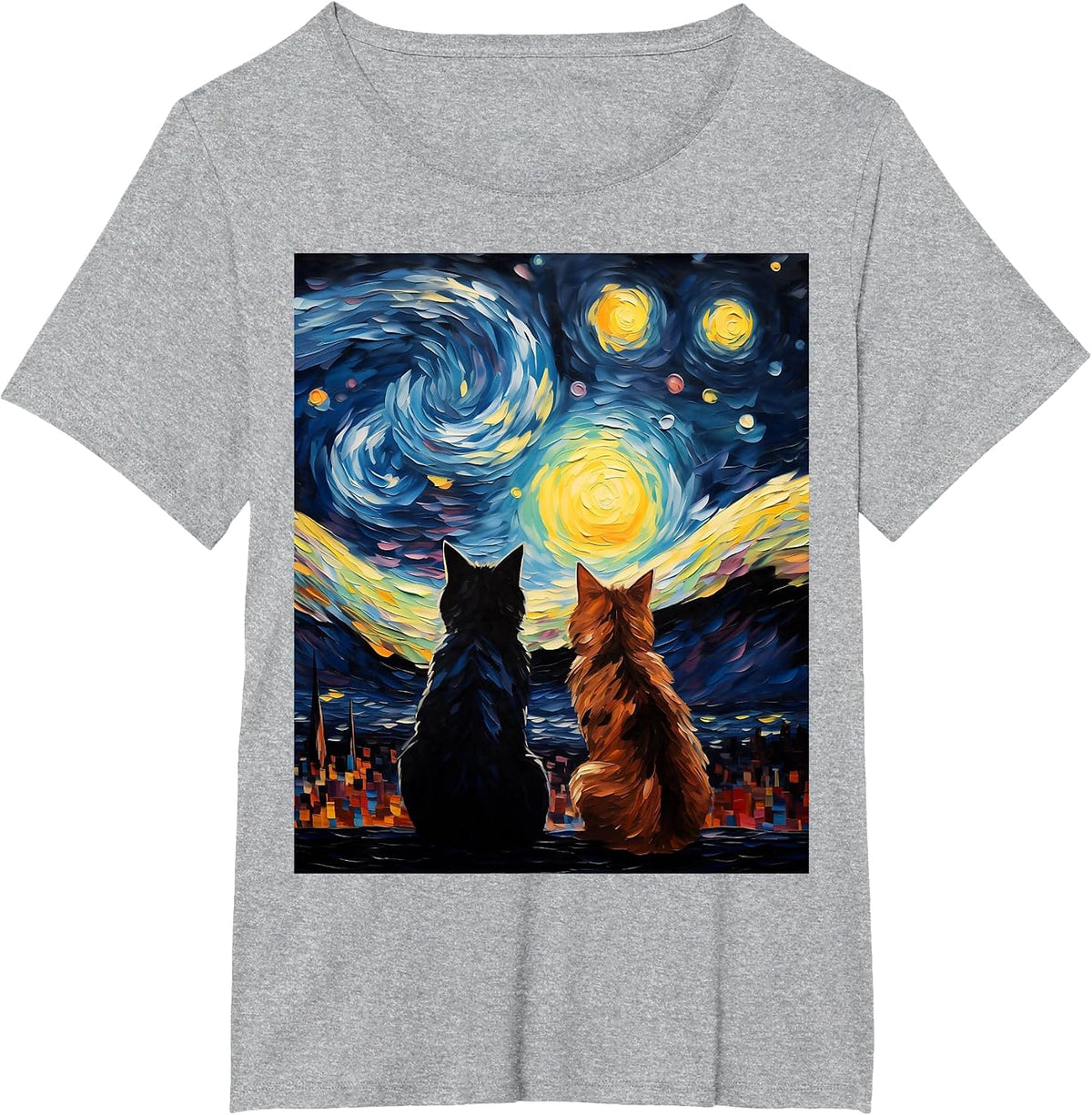 Funny Couples Cats Lover Starry Night Vincent Van Gogh Cat T-Shirt - Heather Grey