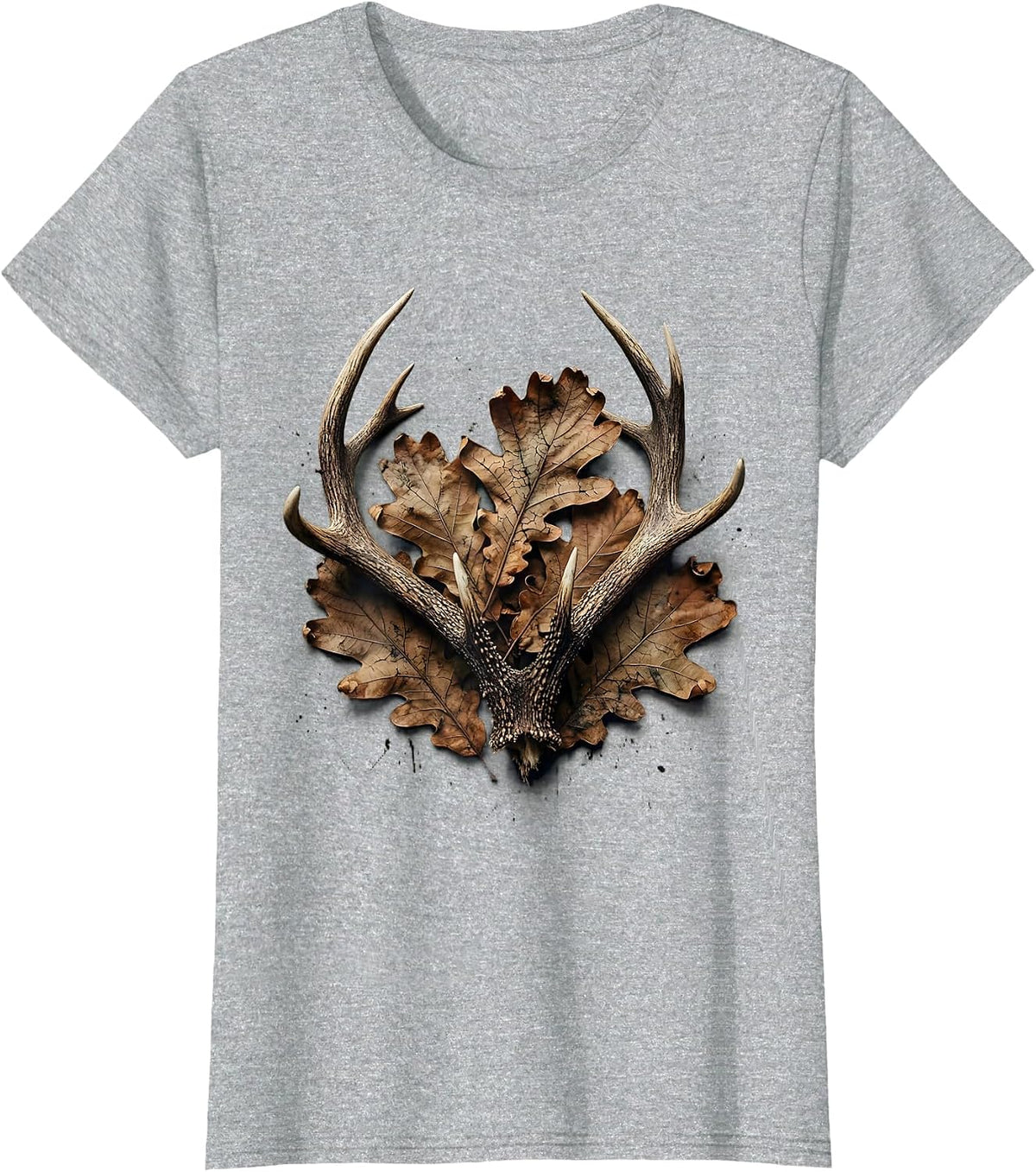 Bottomland Camo Shed Antler Oak Leaves Design T-Shirt - Heather Grey