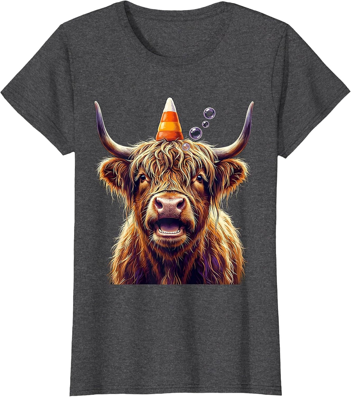 Women's Shaggy Highland Cow Candy Corn Crown Halloween Humor T-Shirt - Dark Heather Grey