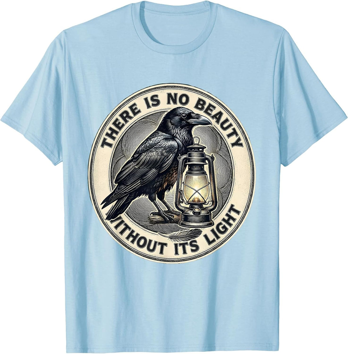Men's There Is No Beauty Without Its Light Gothic Literary Raven T-Shirt - Baby Blue