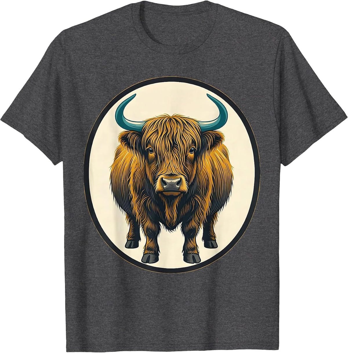 Sealed Highland Cow Badge Midcentury Modern Animal Lover T-Shirt - Dark Heather Grey