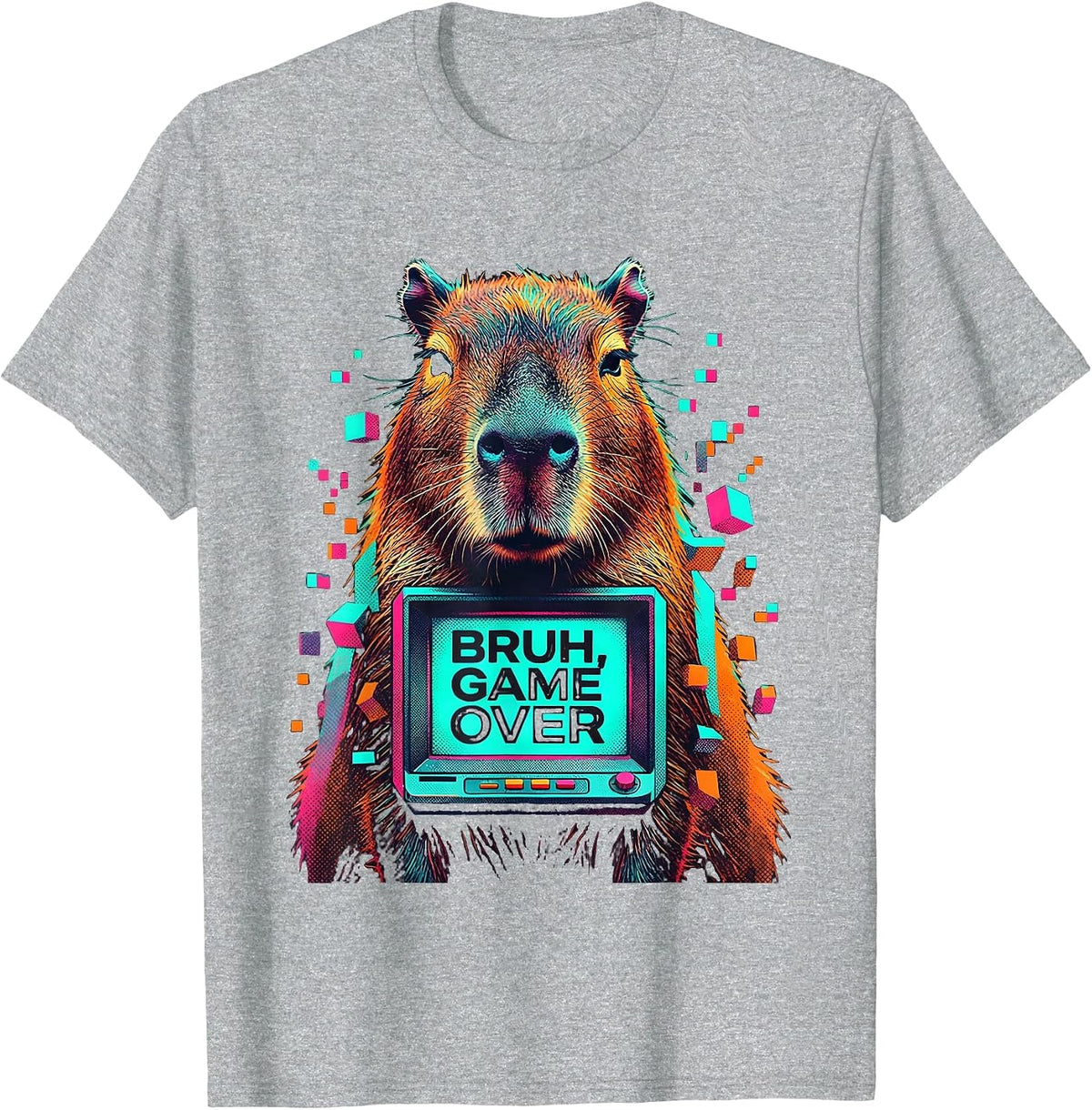 Men's Bruh Game Over Risograph Capybara Gamer Humor T-Shirt - Heather Grey