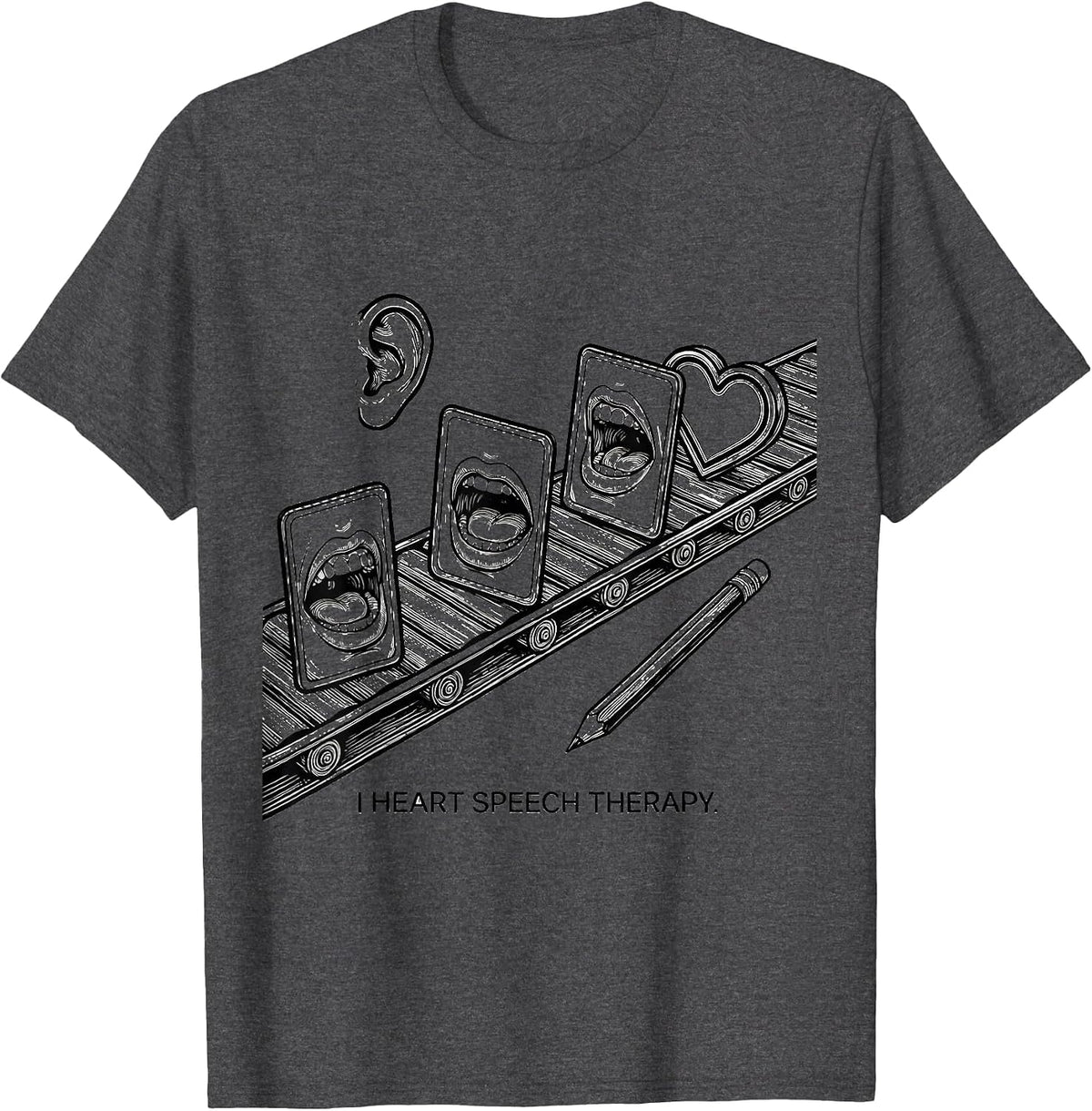 I Heart Speech Therapy Line Art Speech Pathologist Valentine T-Shirt - Dark Heather Grey