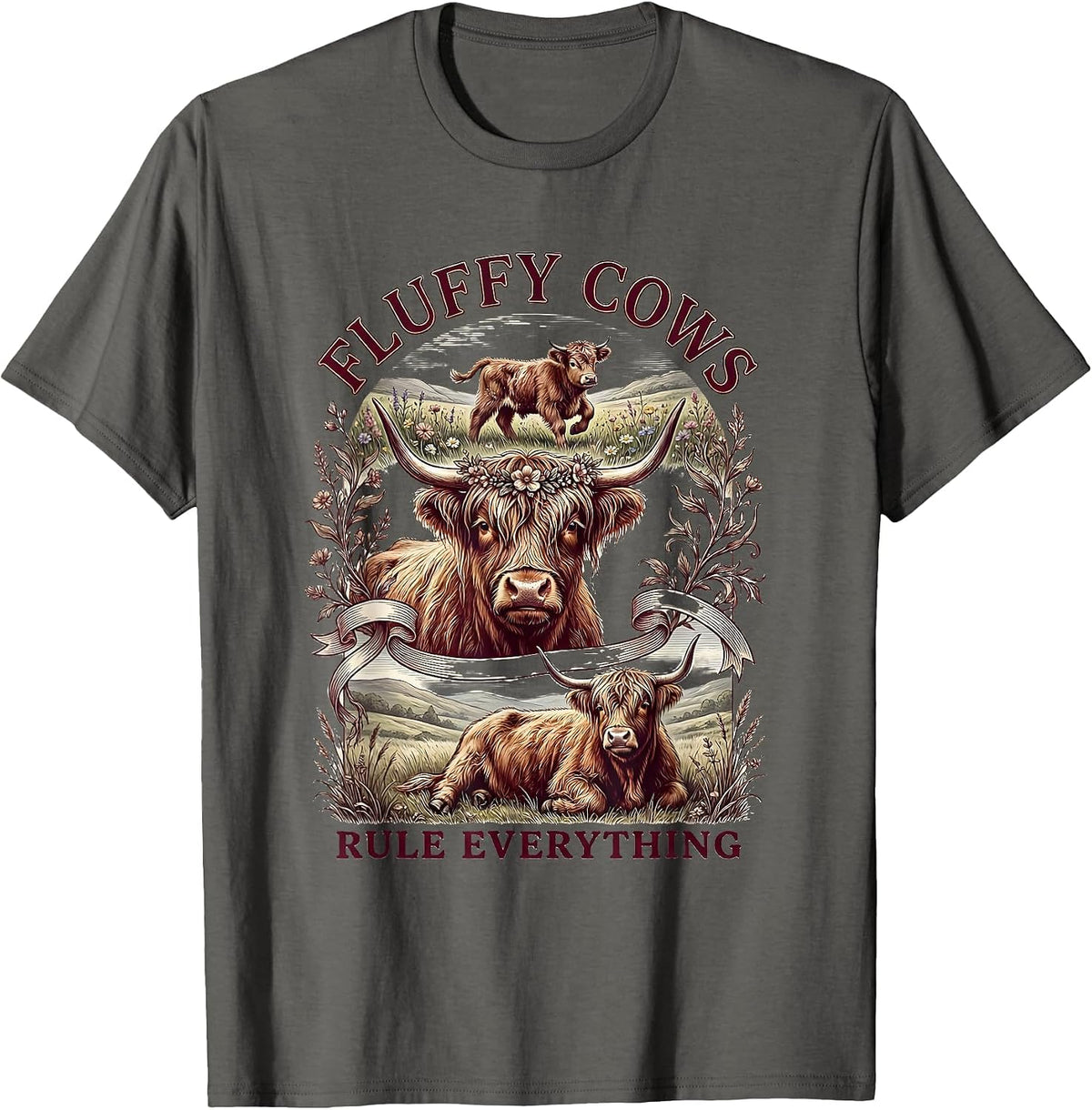 Fluffy Cows Rule Everything Highland Cow Design T-Shirt - Asphalt Grey